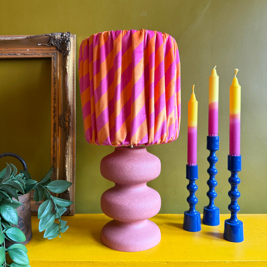 Tilted Stripe Gathered Shades - Tutti Frutti Pictured with our Pink Pebble Table Lamp