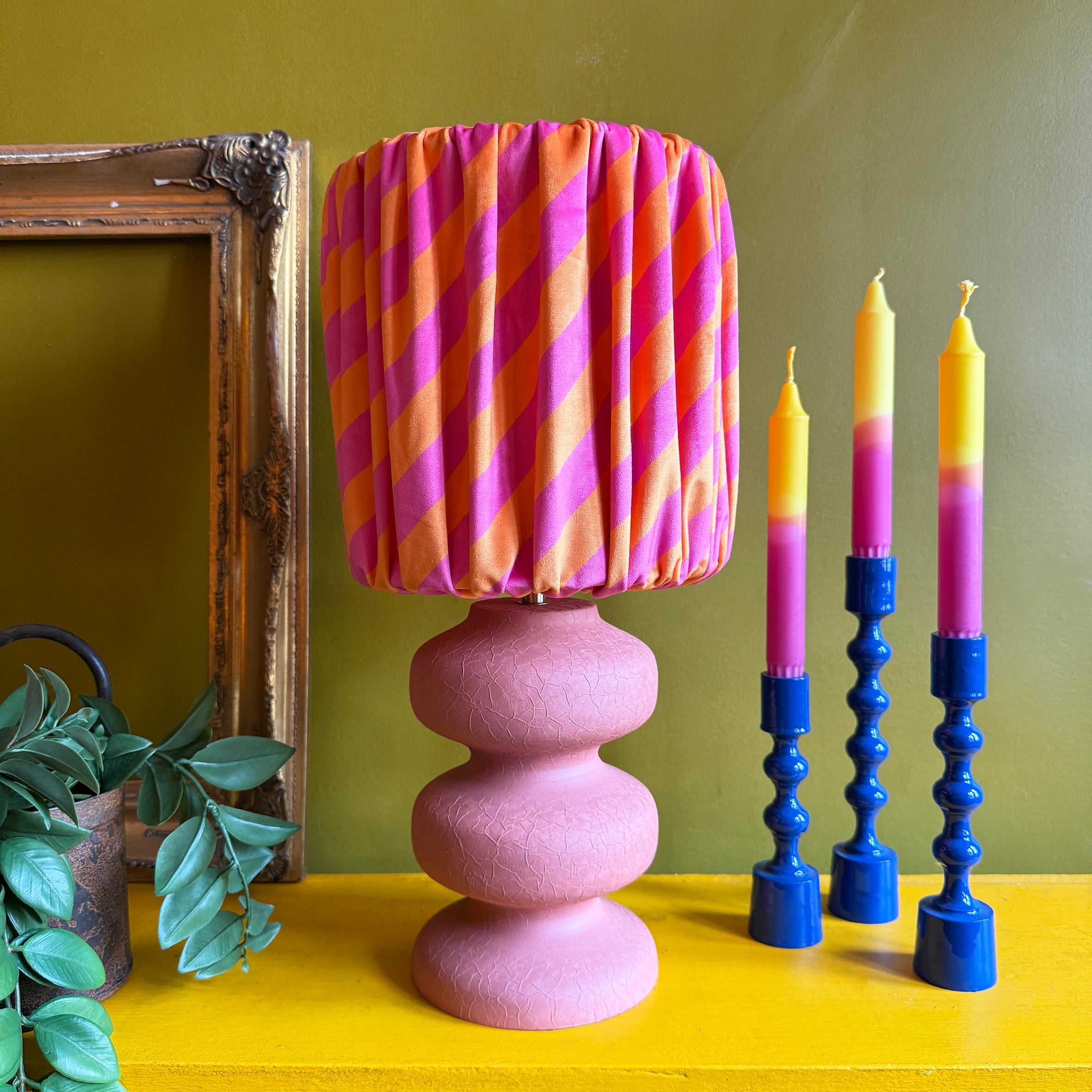 Tilted Stripe Gathered Shades - Tutti Frutti Pictured with our Pink Pebble Table Lamp