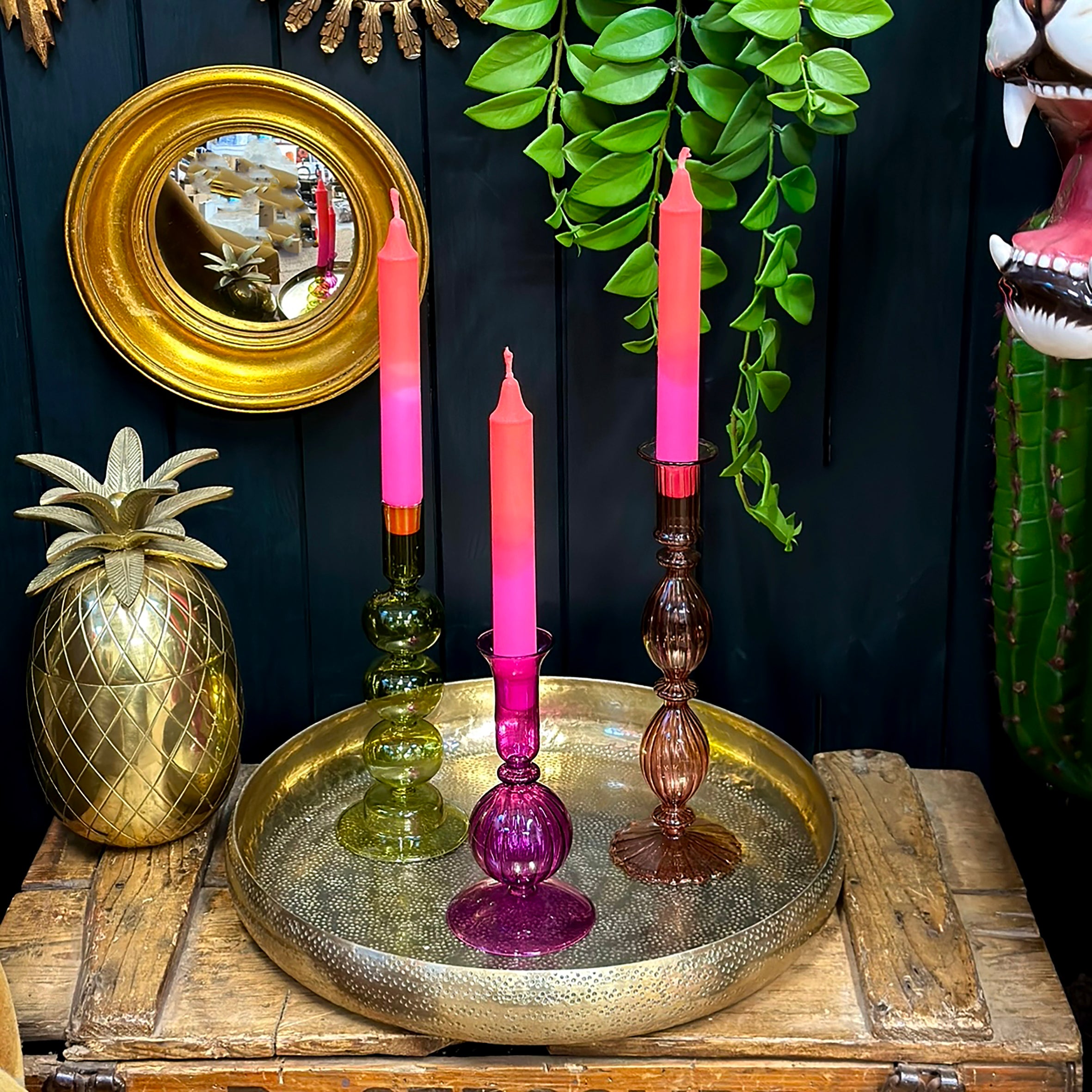 Love Frankie glass candle holder in hot pink