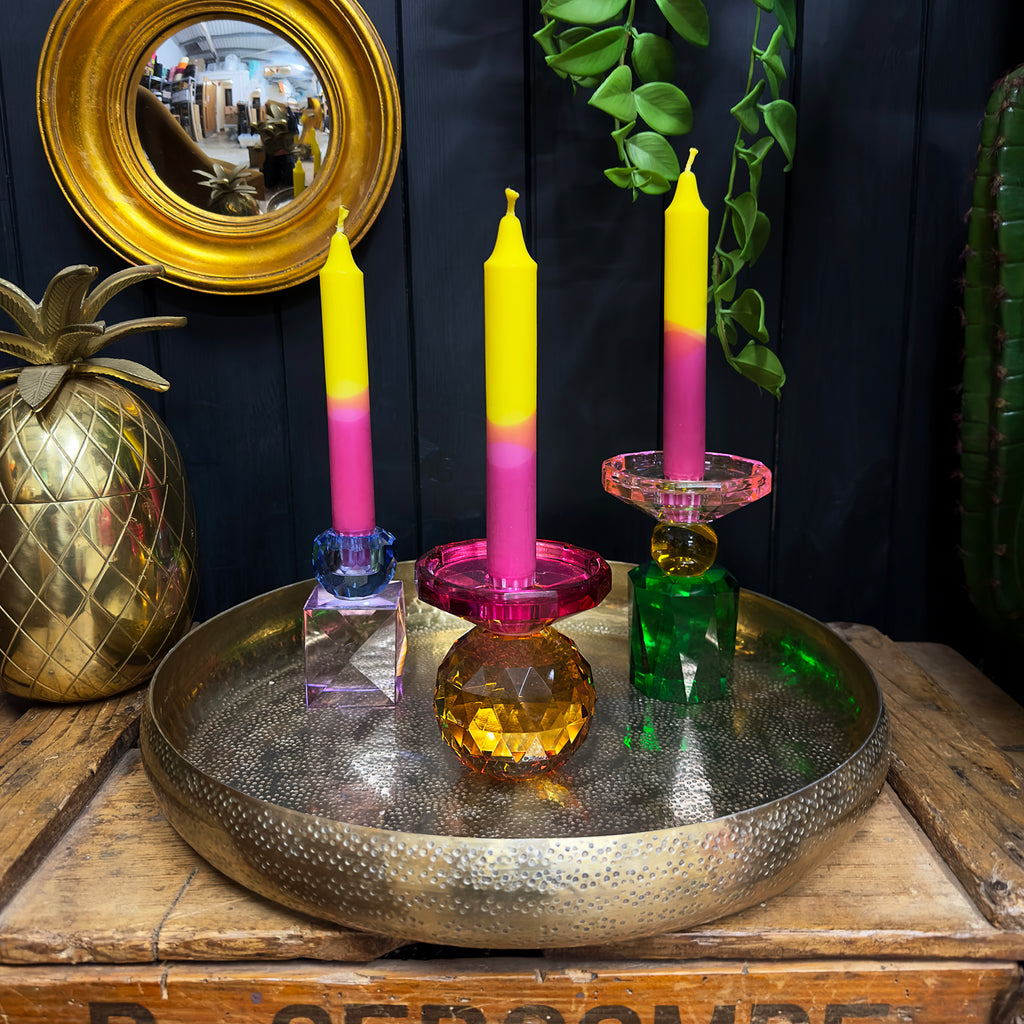 Decadent Jewelled Glass Candle Holders - Amber & Hot Pink