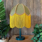 Wilma – Fringed Hessian Lampshade in Pickle Green and Antique Gold