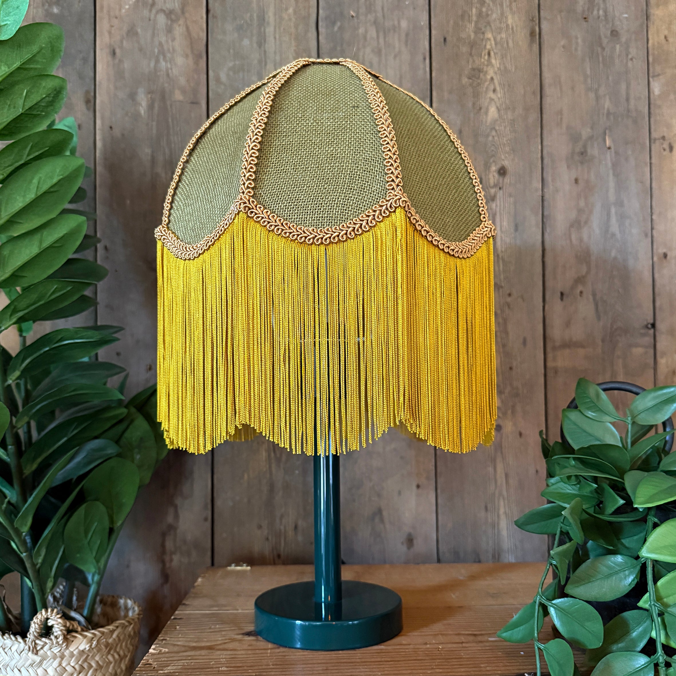 Wilma – Fringed Hessian Lampshade in Pickle Green and Antique Gold