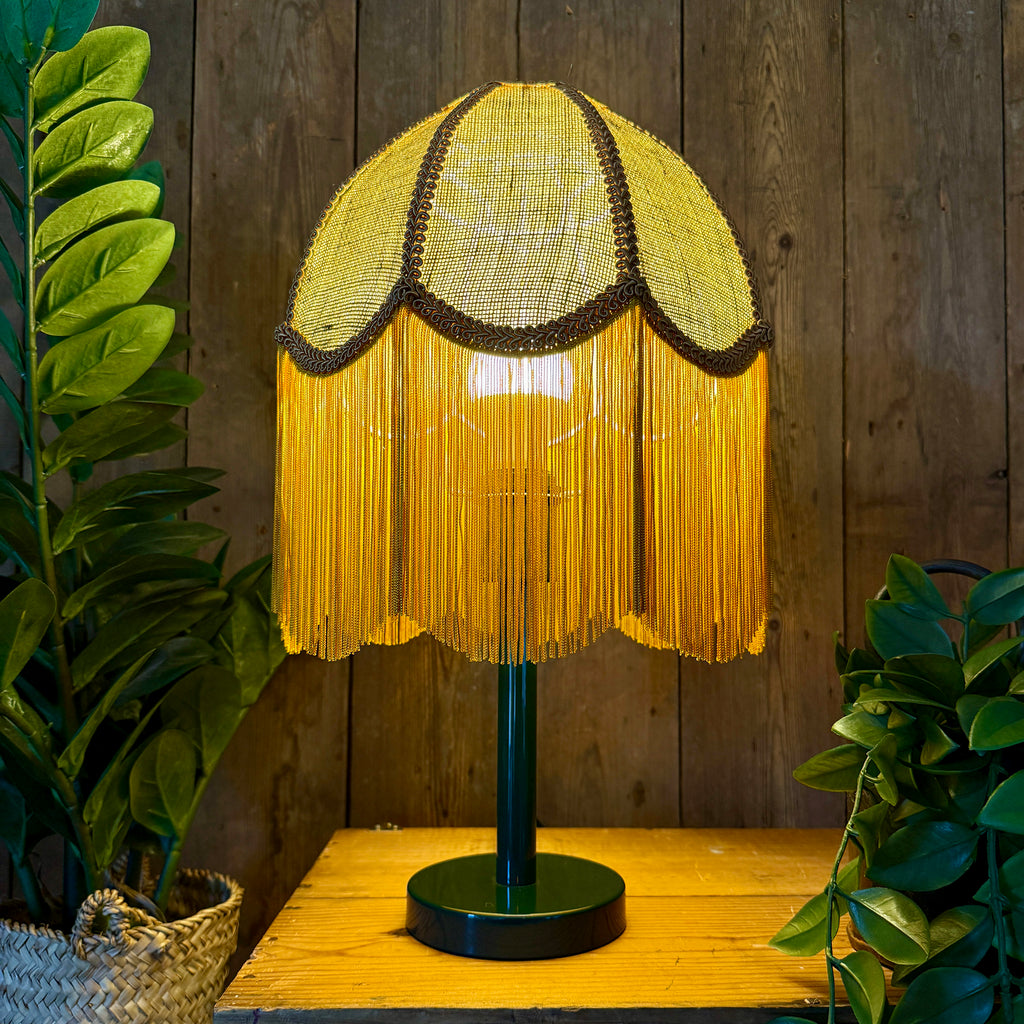 Wilma – Fringed Hessian Lampshade in Pickle Green and Antique Gold