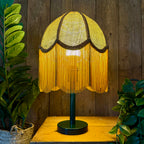 Wilma – Fringed Hessian Lampshade in Pickle Green and Antique Gold