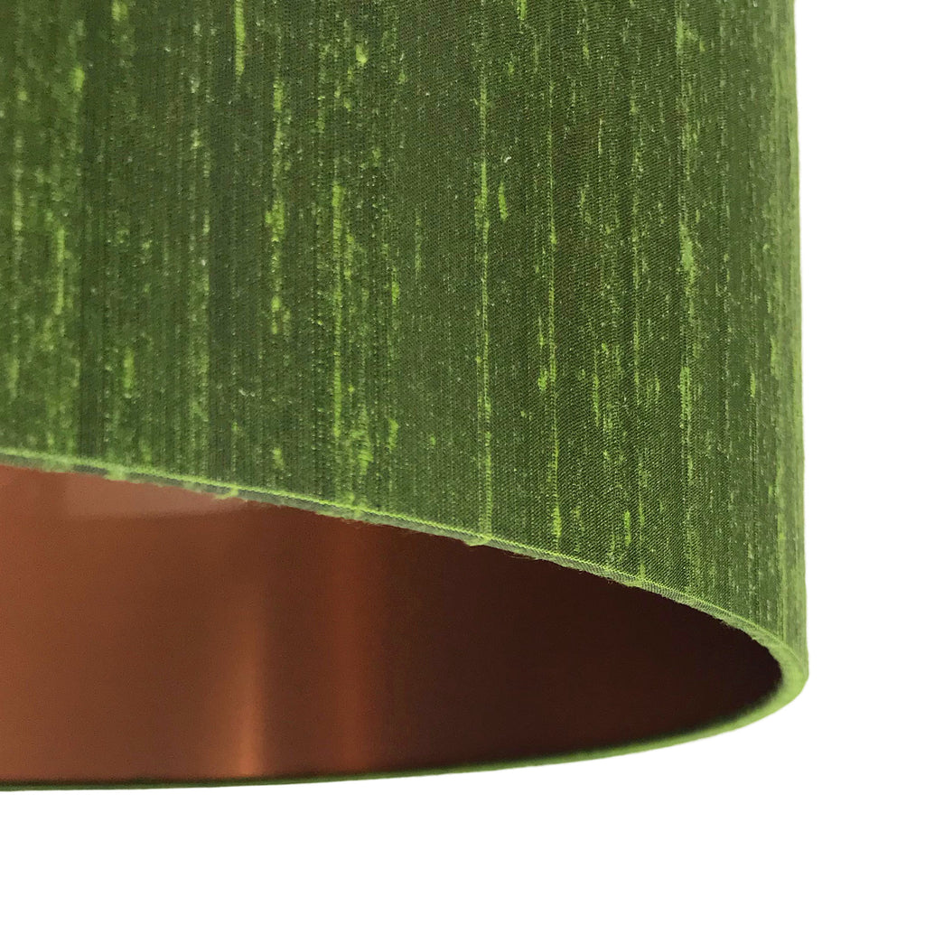 Moss Green Silk Lampshade With Brushed Copper Lining Close Up