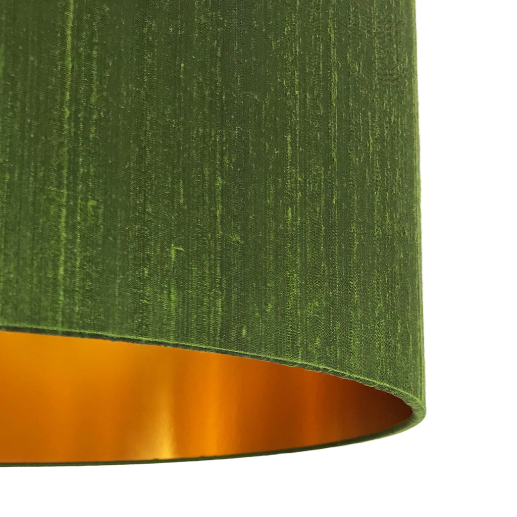 Moss Green Silk Lampshade With Gold Lining Close up