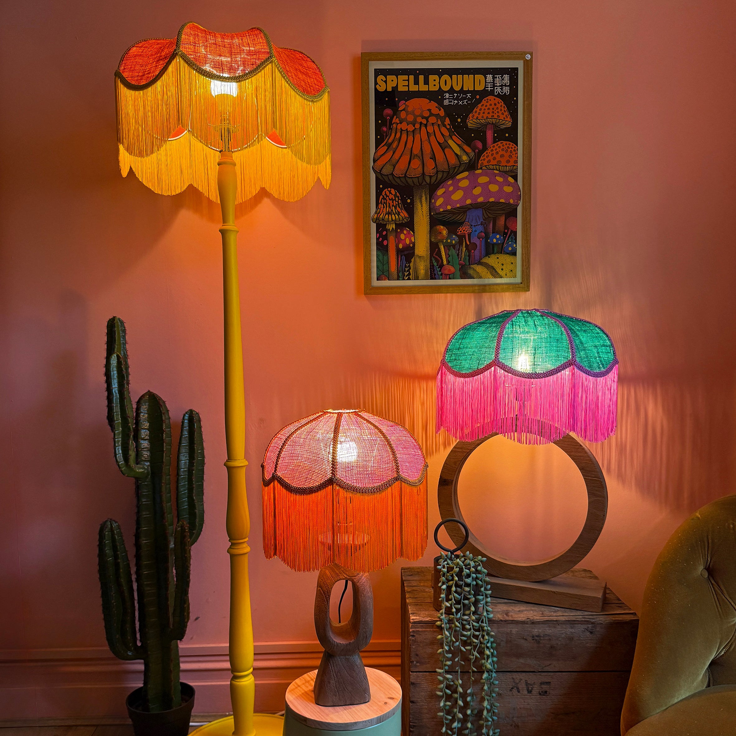 Missy – Pink Hessian Petal Lampshade with Pumpkin Fringe