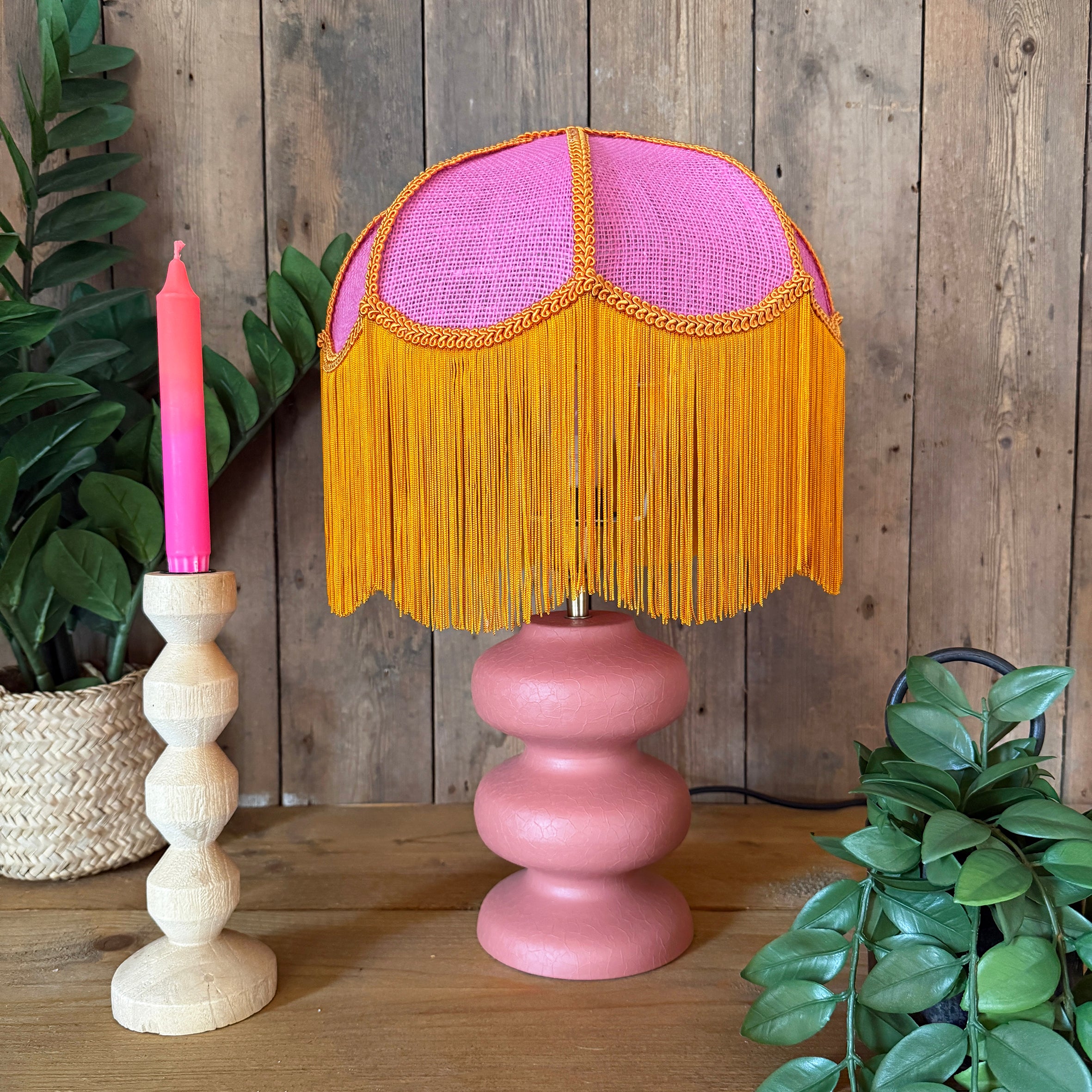 Missy – Pink Hessian Petal Lampshade with Pumpkin Fringe