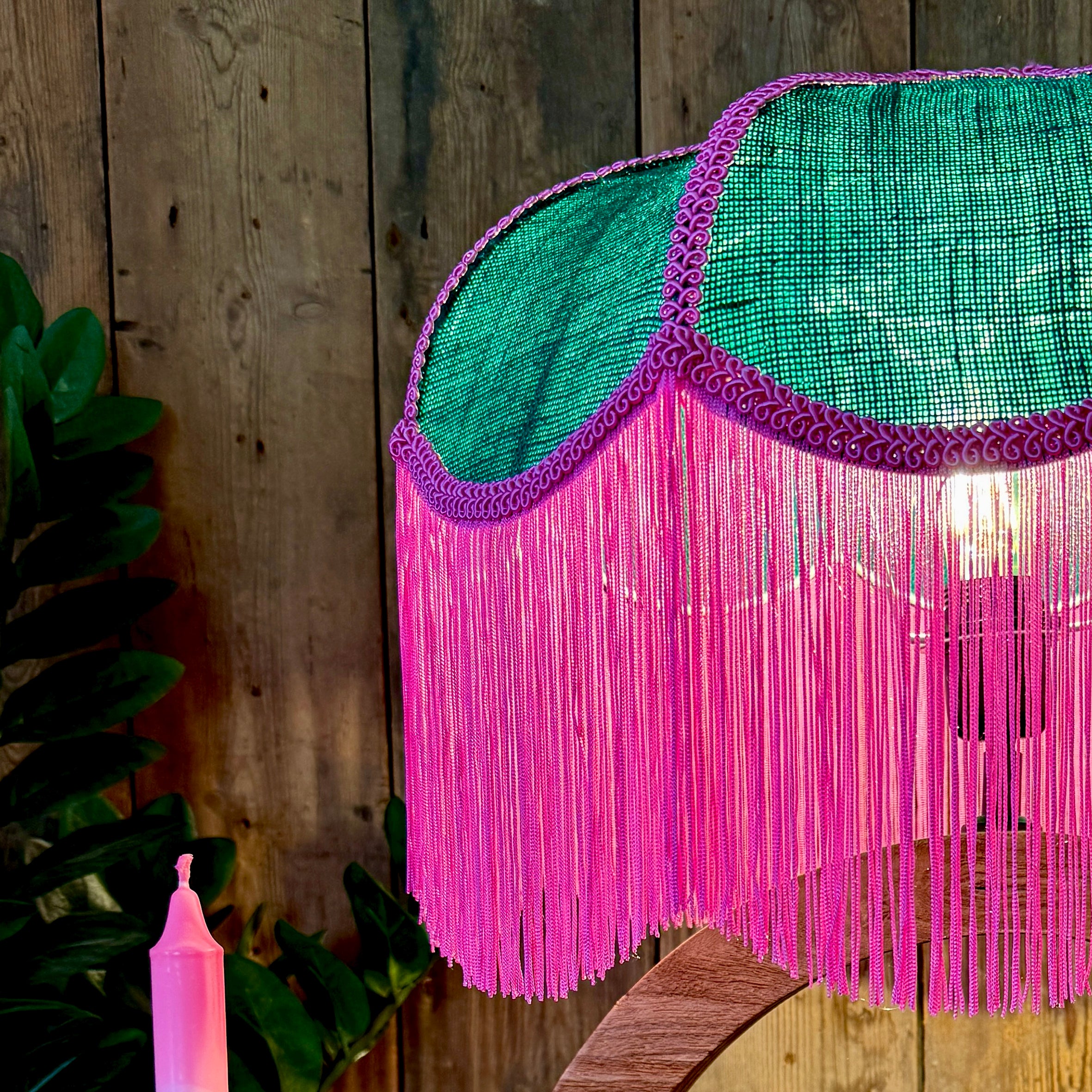 Dotty – Emerald Green Petal Lampshade with Bubblegum Pink Fringe