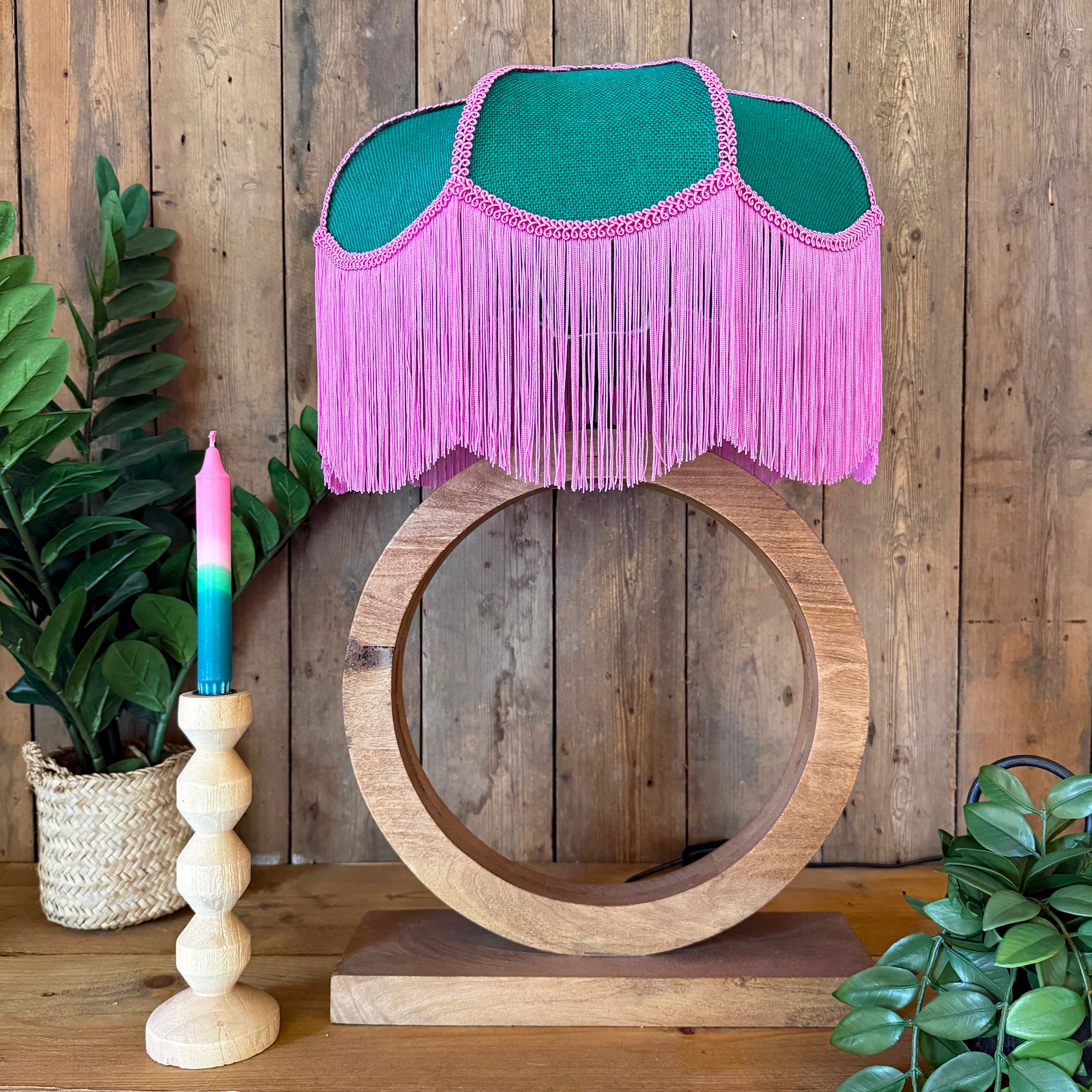 Dotty – Emerald Green Petal Lampshade with Bubblegum Pink Fringe