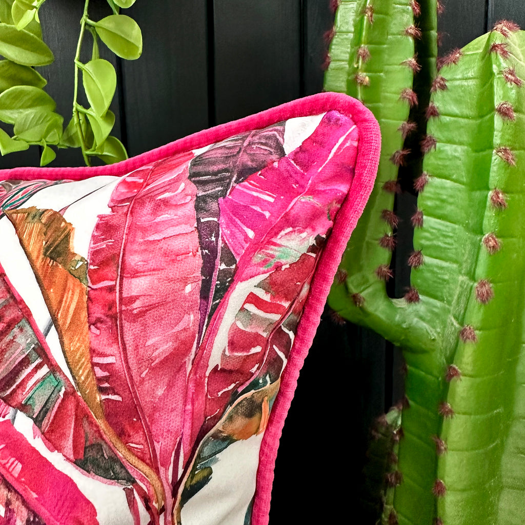 love Frankie ice jungle velvet cushion with raspberry piping