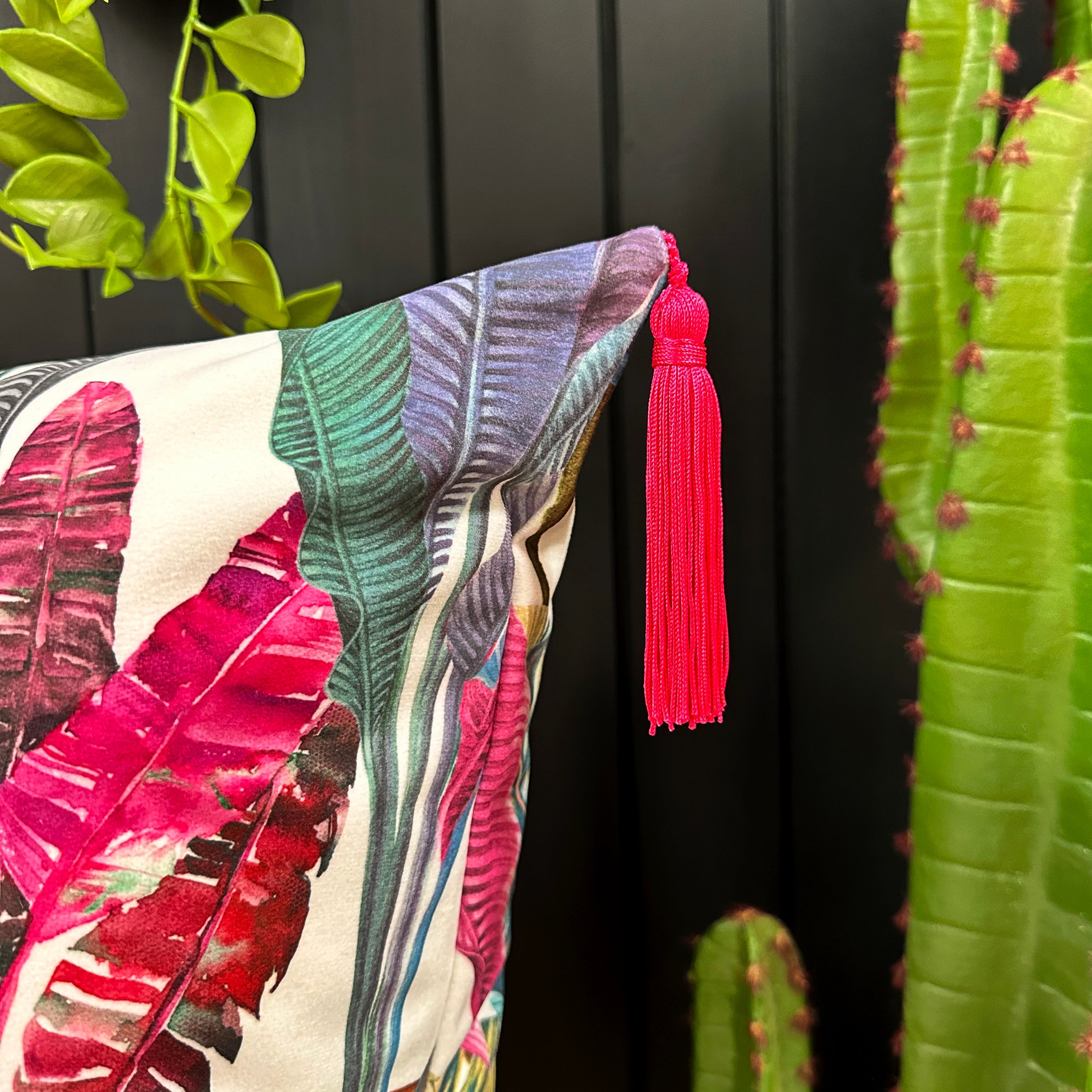 love Frankie ice jungle velvet cushion with raspberry tassels