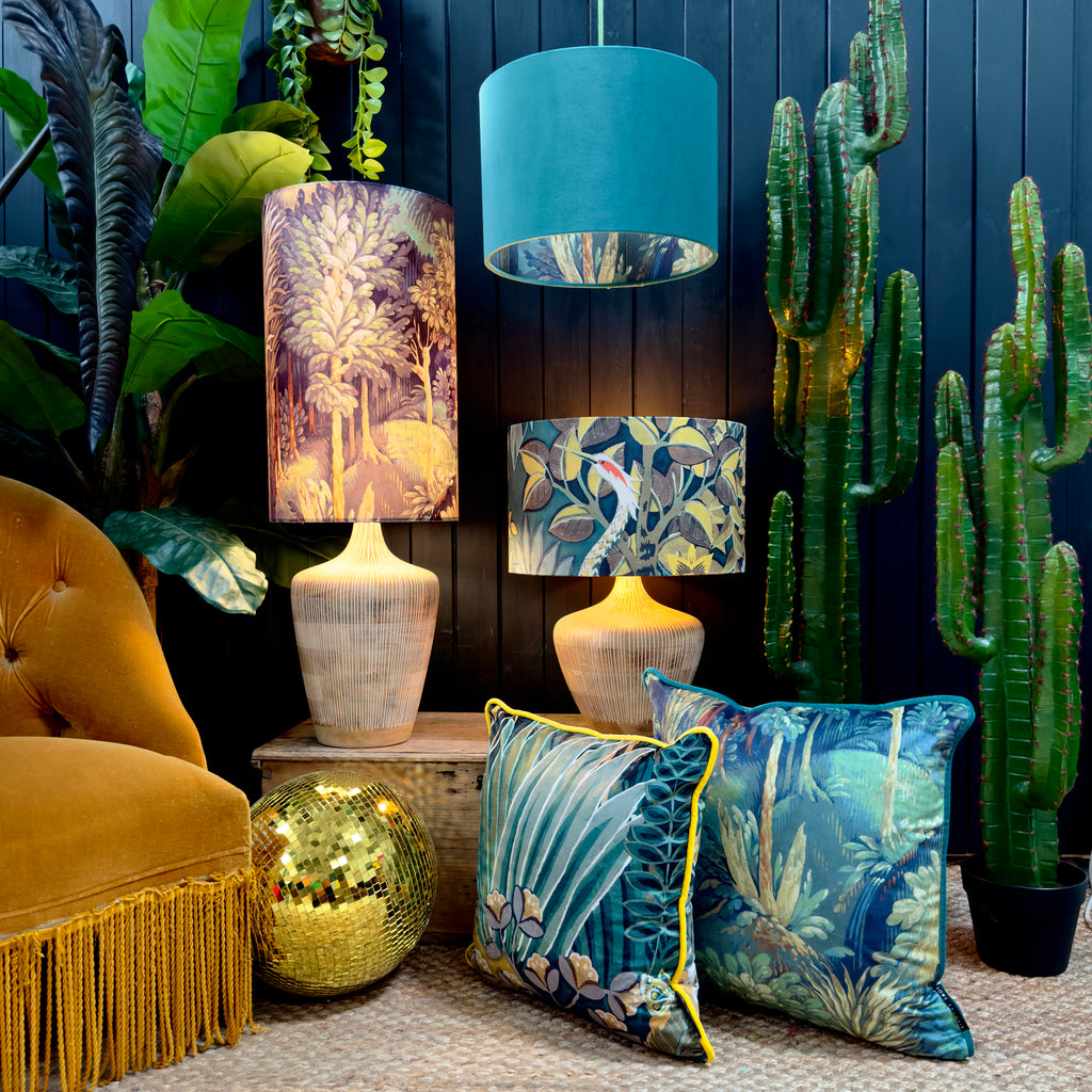 Emerald Enchanted Wood Silhouette Lampshade in Jade Green Velvet