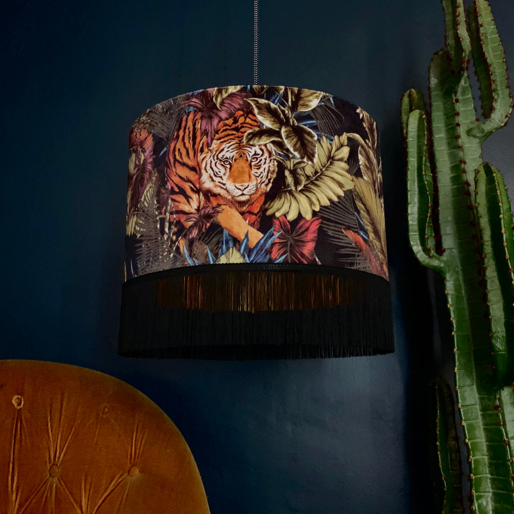 Big Cat Velvet Lampshade in Rust With Gold Lining and Fringing