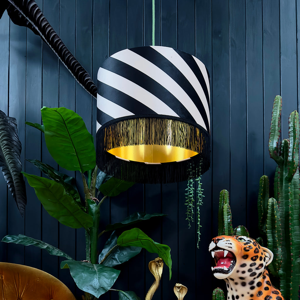 Liquorice Helter Skelter Velvet Lampshades With Gold Foil Lining and Fringing