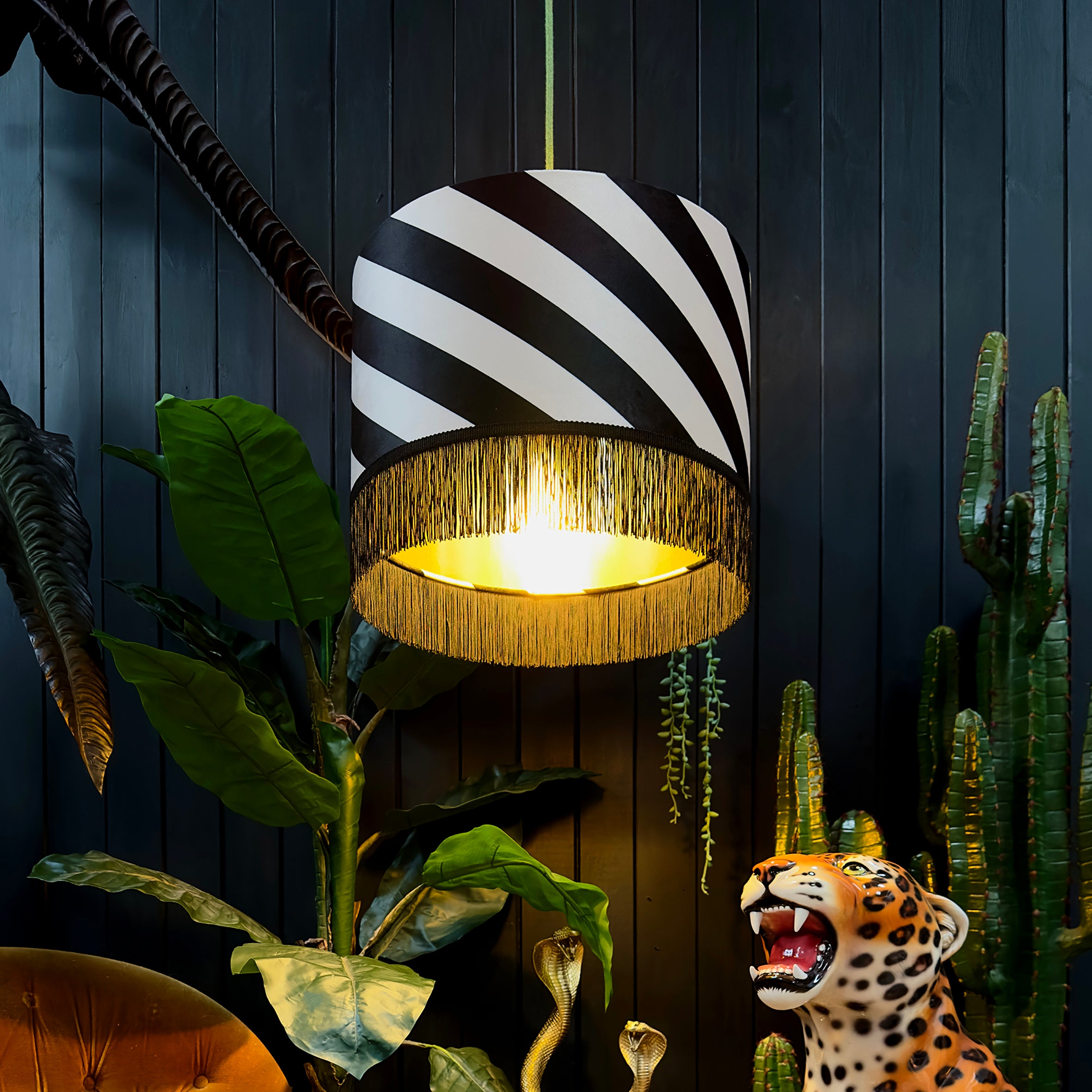 love frankie Liquorice Helter Skelter Velvet Lampshades With Gold Foil Lining and Fringing