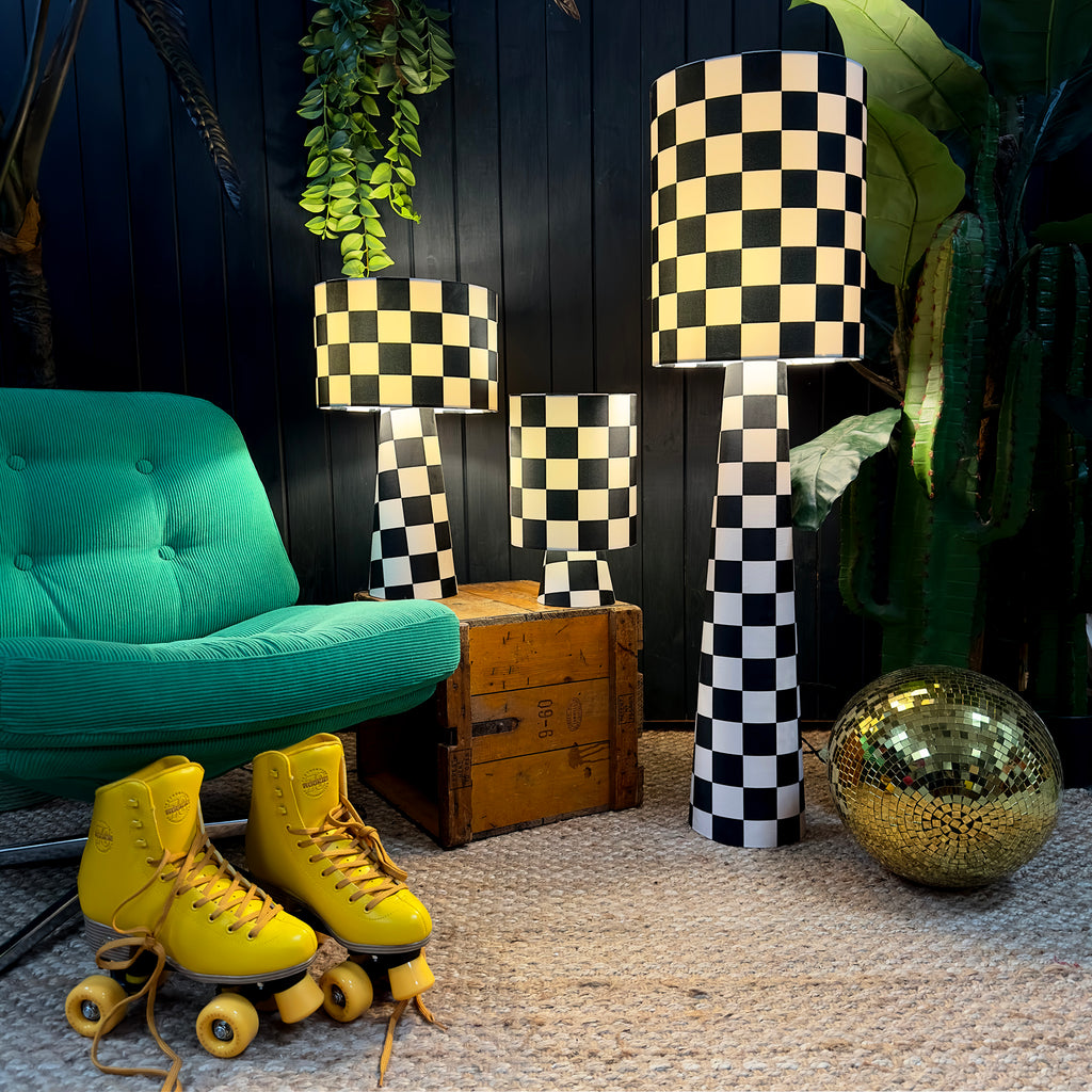 Handmade Checkerboard Velvet lamps in Liquorice Black and white checkerboard lamps. 3 Sizes available
