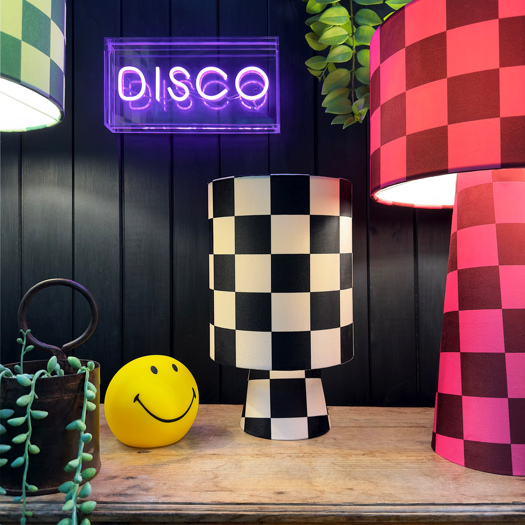 Handmade Checkerboard Velvet lamps in Liquorice. Monochrome, Black and Off White Checkerboard Lamps - The Shortie
