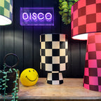 Handmade Checkerboard Velvet lamps in Liquorice. Monochrome, Black and Off White Checkerboard Lamps - The Shortie