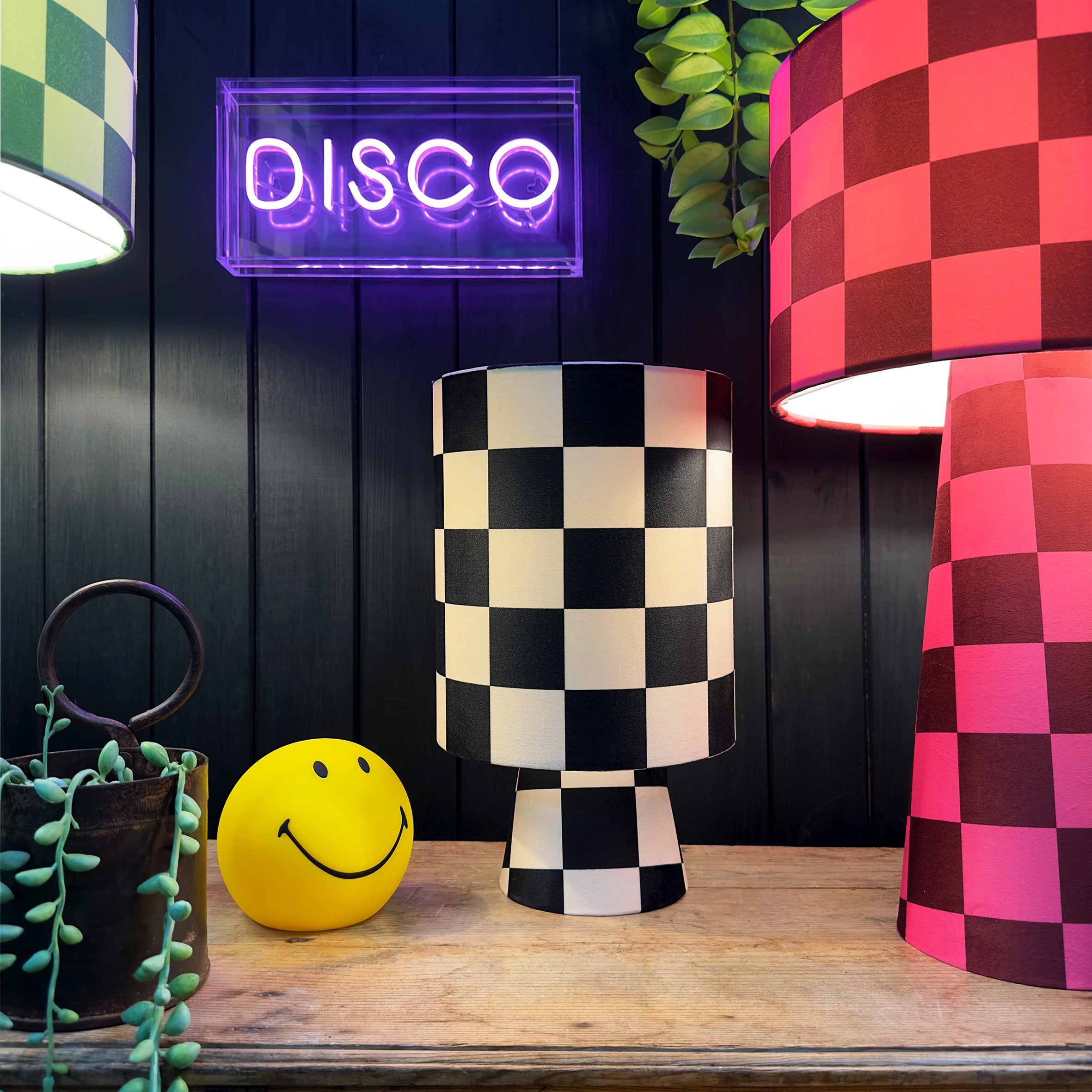Handmade Checkerboard Velvet lamps in Liquorice. Monochrome, Black and Off White Checkerboard Lamps - The Shortie