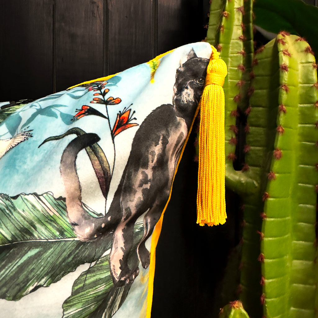 love frankie lithium deadly night shade cushion with yellow tassels