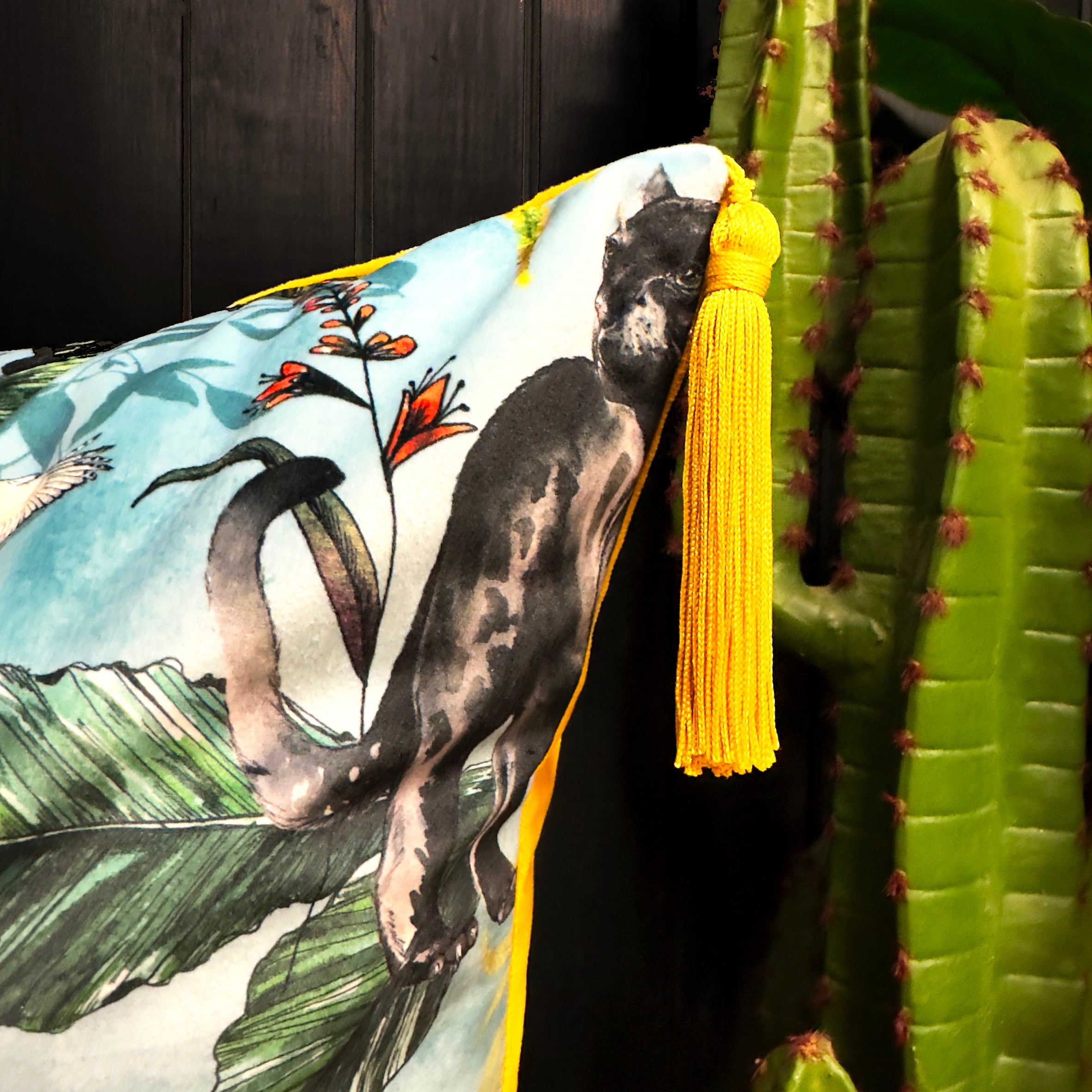 love frankie lithium deadly night shade cushion with yellow tassels