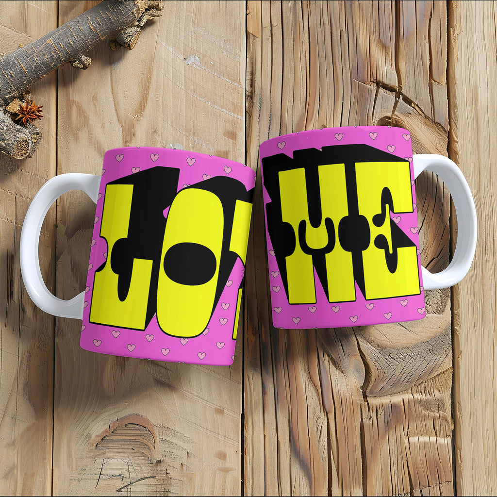 Pink & Yellow "Love Me" Mug. Designed by Love Frankie and printed in the UK.
