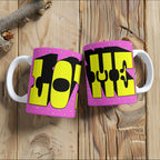 Pink & Yellow "Love Me" Mug. Designed by Love Frankie and printed in the UK.