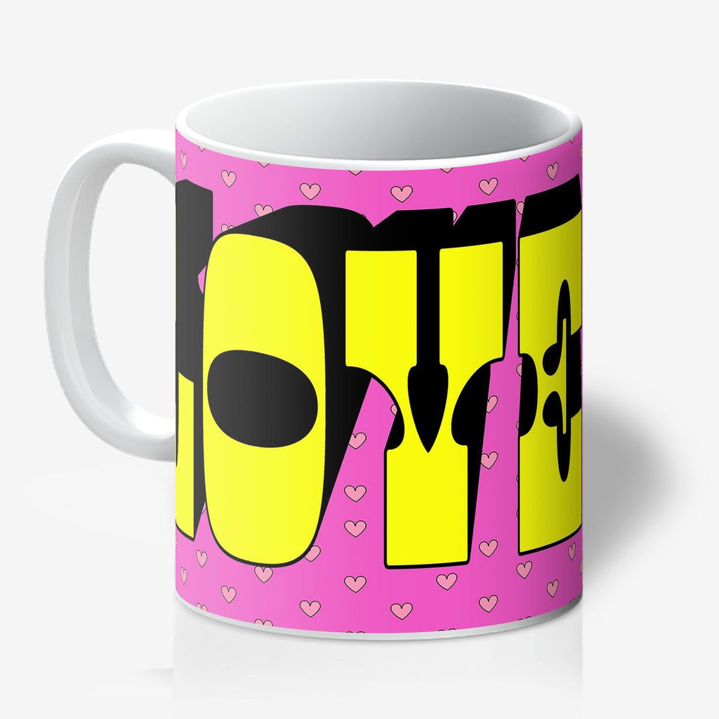 Love Me! Pink and Orange Typography mug. Designed by Love Frankie and printed in the UK.