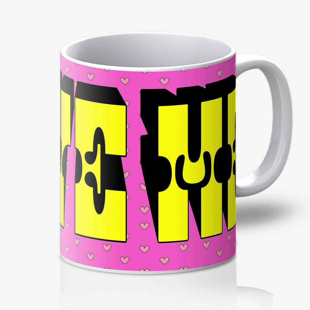 Love Me! Pink and Orange Typography mug. Designed by Love Frankie and printed in the UK.