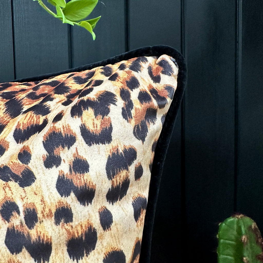 love Frankie luxe leopard velvet cushion with black piping