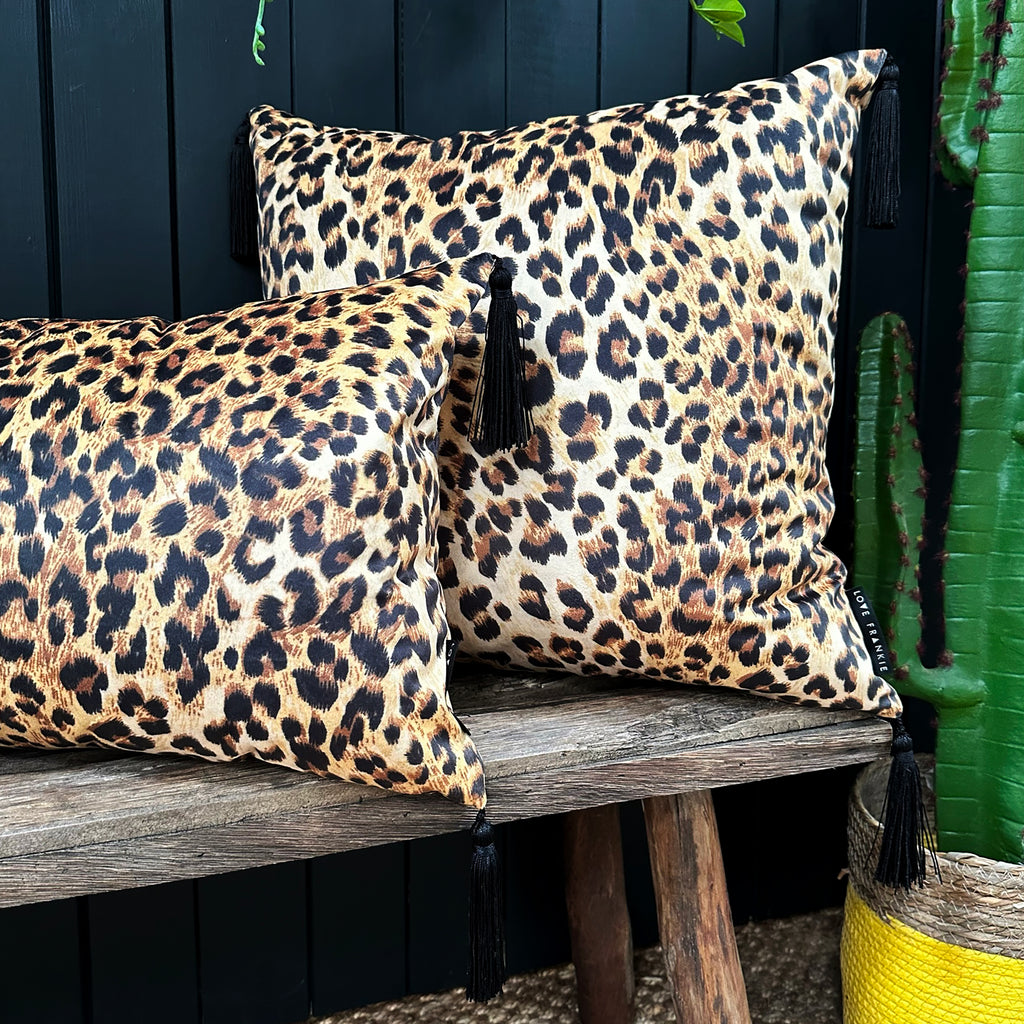 love Frankie luxe leopard velvet cushion with black tassels
