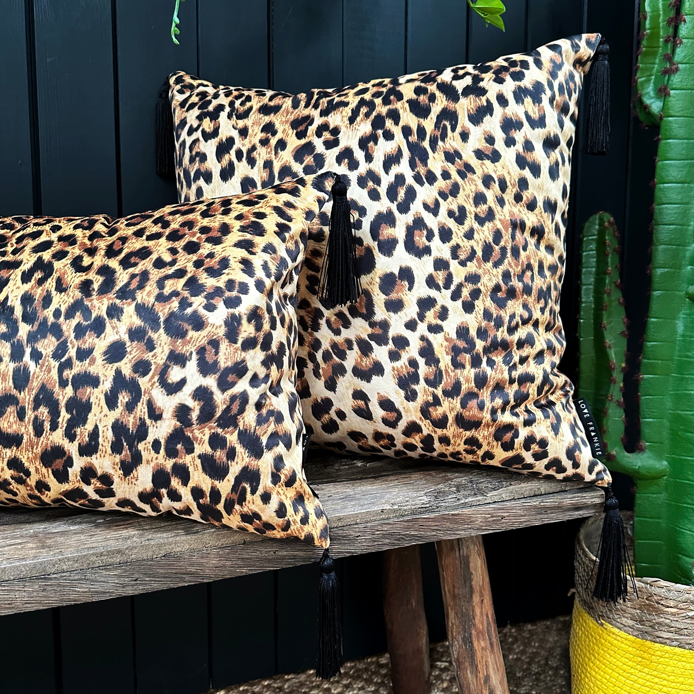 love Frankie luxe leopard velvet cushion with black tassels