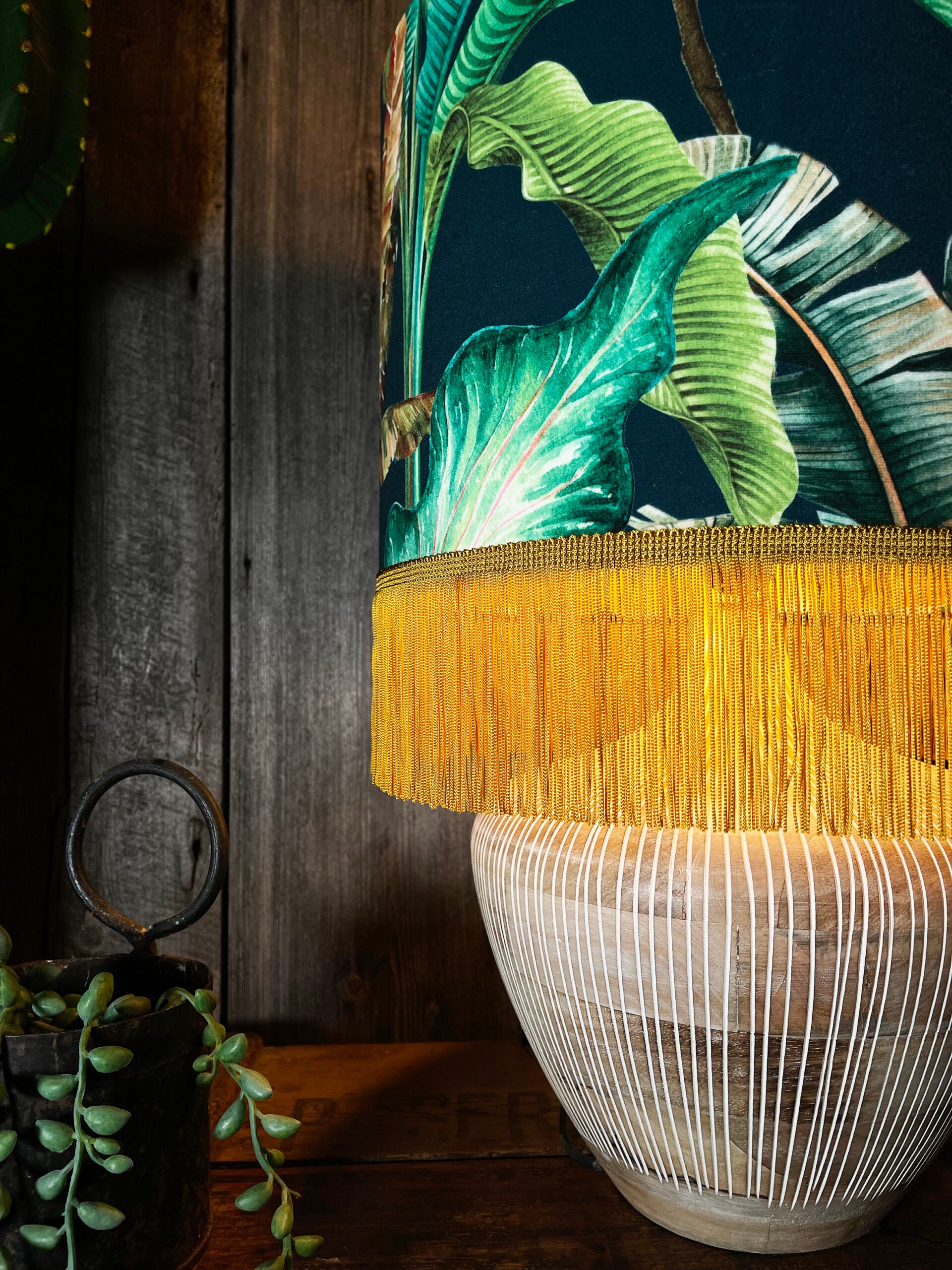 Magic Fruits Lampshade with Gold Lining and Gold Fringing- 14" x 10" - Close Up