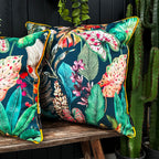 Love Frankie magic fruits velvet cushion with yellow piping