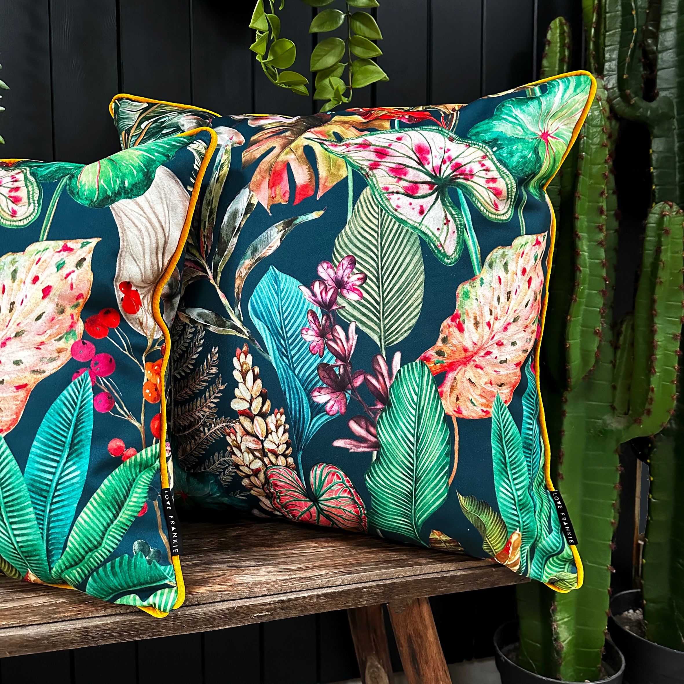 Love Frankie magic fruits velvet cushion with yellow piping