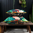 Love Frankie magic fruits velvet cushion with yellow piping