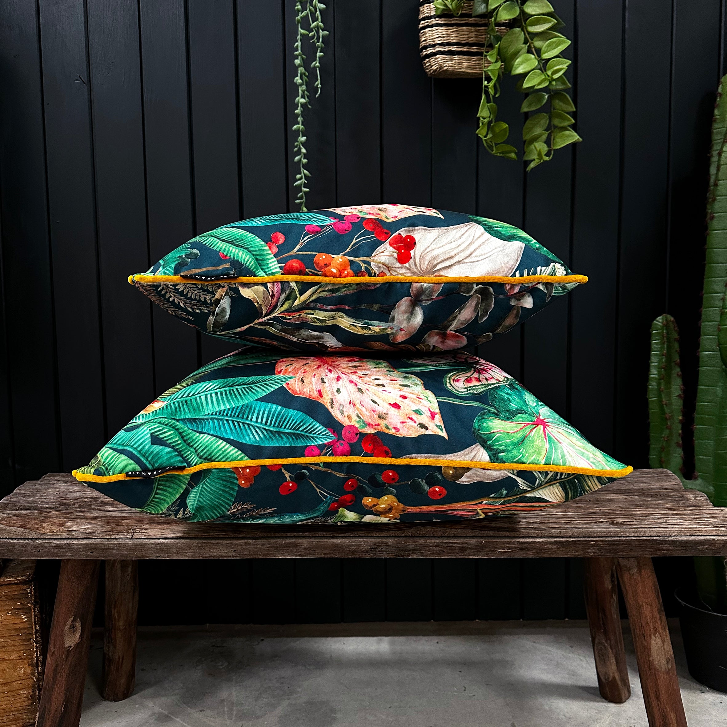 Love Frankie magic fruits velvet cushion with yellow piping