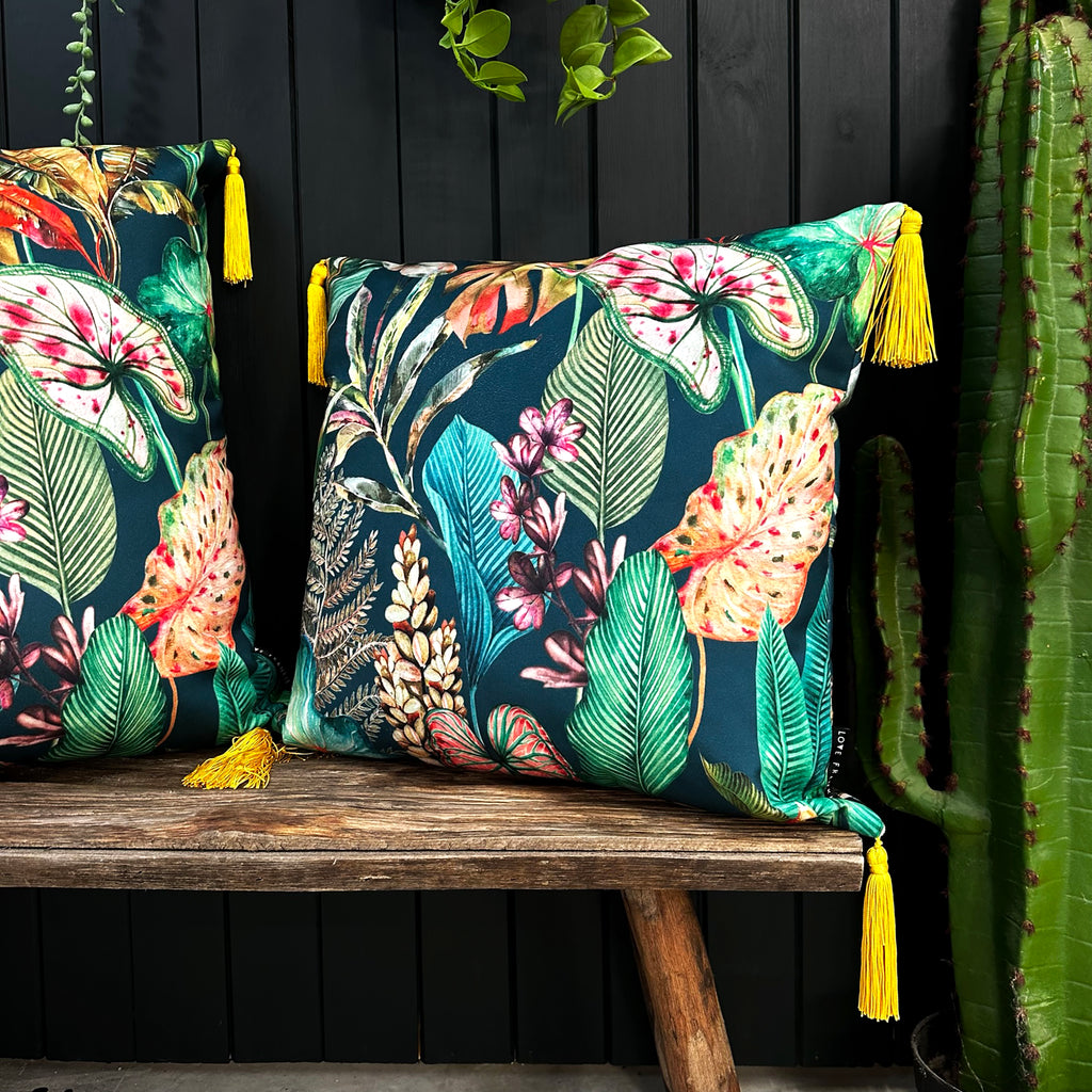 Love Frankie magic fruits velvet cushion with yellow tassels