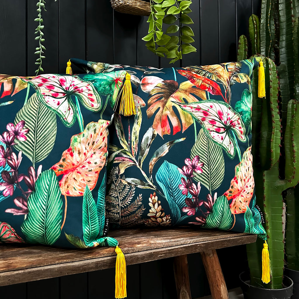 Love Frankie magic fruits velvet cushion with yellow tassels