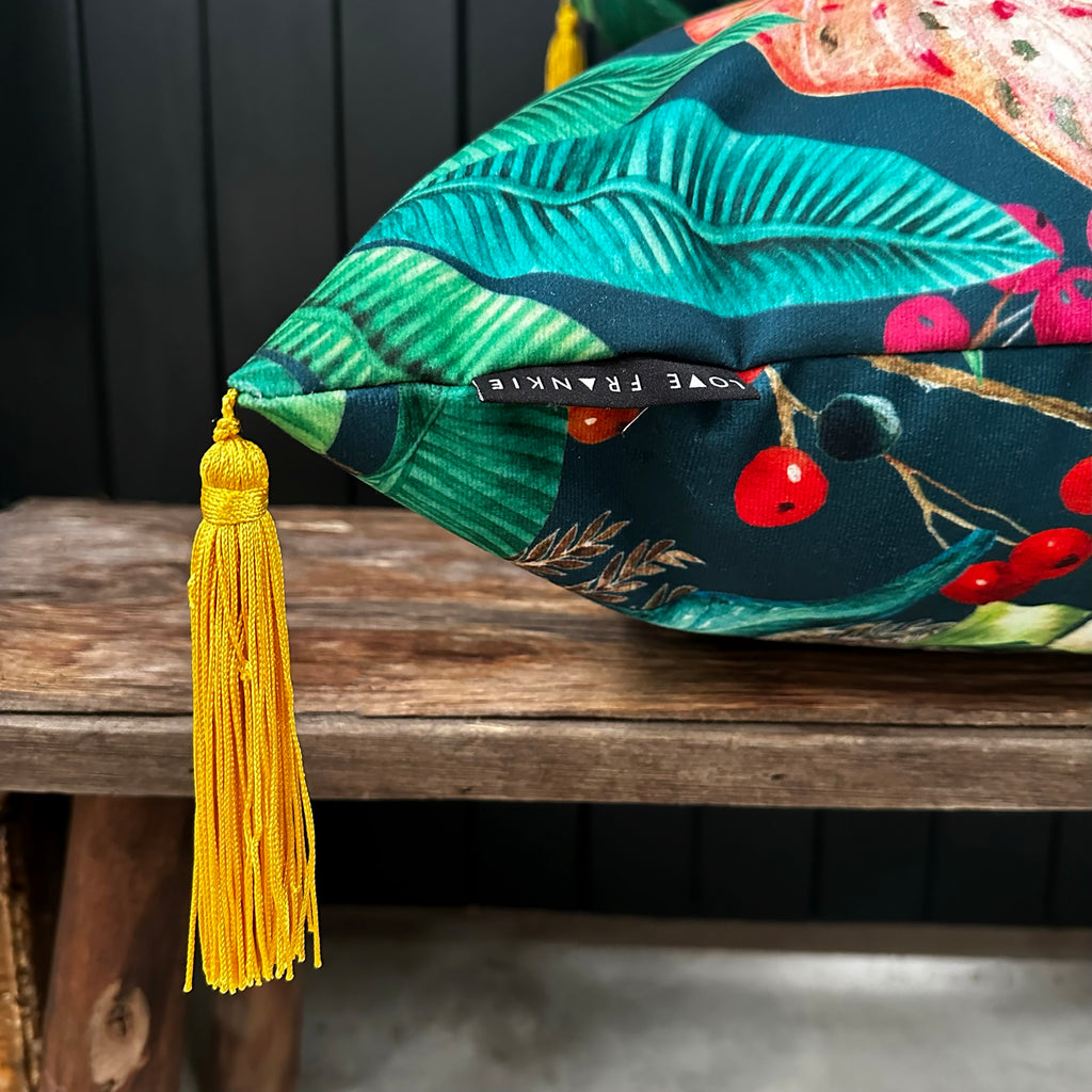 Love Frankie magic fruits velvet cushion with yellow tassels