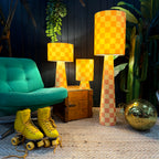 Handmade Checkerboard Velvet lamps in Marmalade. Yellow and Orange checkerboard lamps. 3 Sizes Available