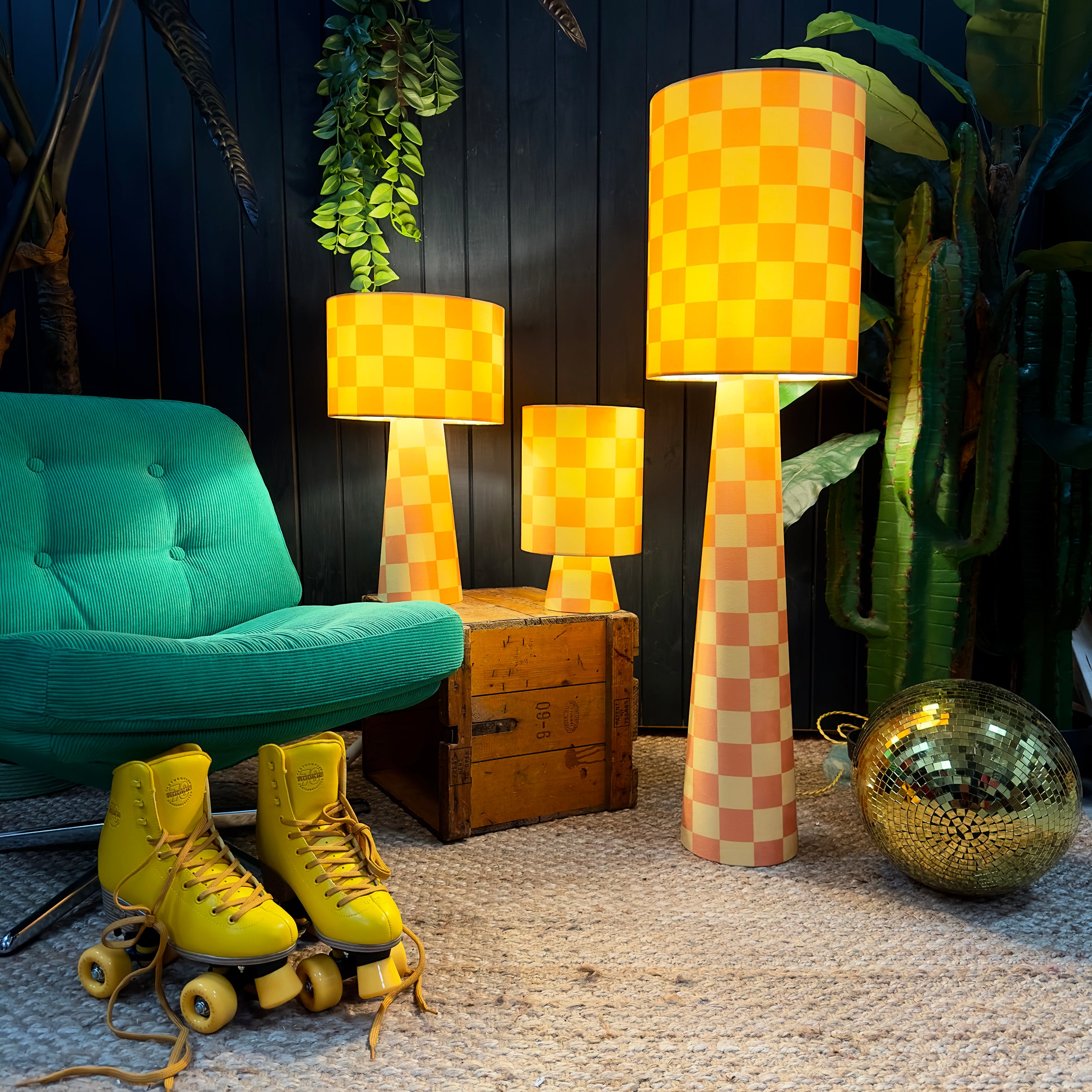Handmade Checkerboard Velvet lamps in Marmalade. Yellow and Orange checkerboard lamps. 3 Sizes Available