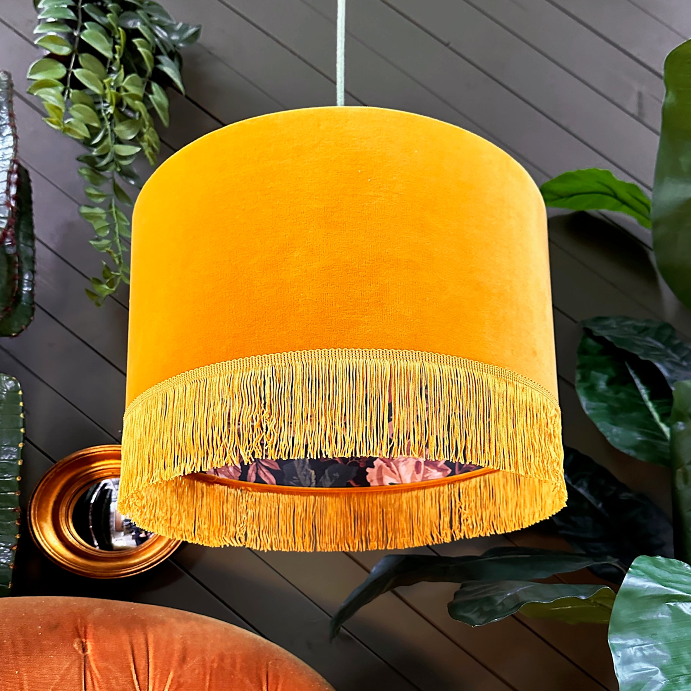 Love Frankie fire cracker midnight garden fringed lampshade in butterscotch velvet