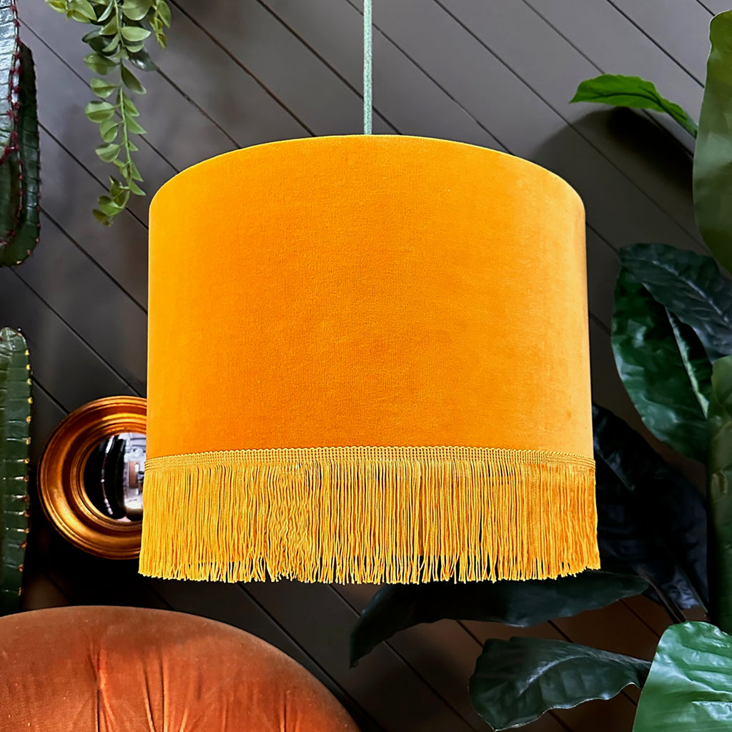 Love Frankie fire cracker midnight garden fringed lampshade in butterscotch velvet