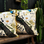 Love Frankie mythical plumes velvet cushion with yellow piping