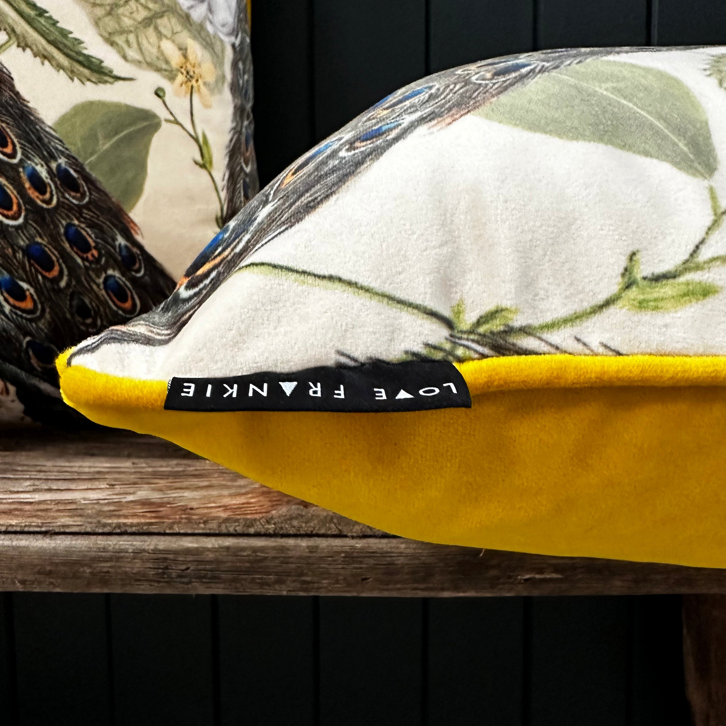 Mythical Plumes Cushions in Parchment with Yellow Piping