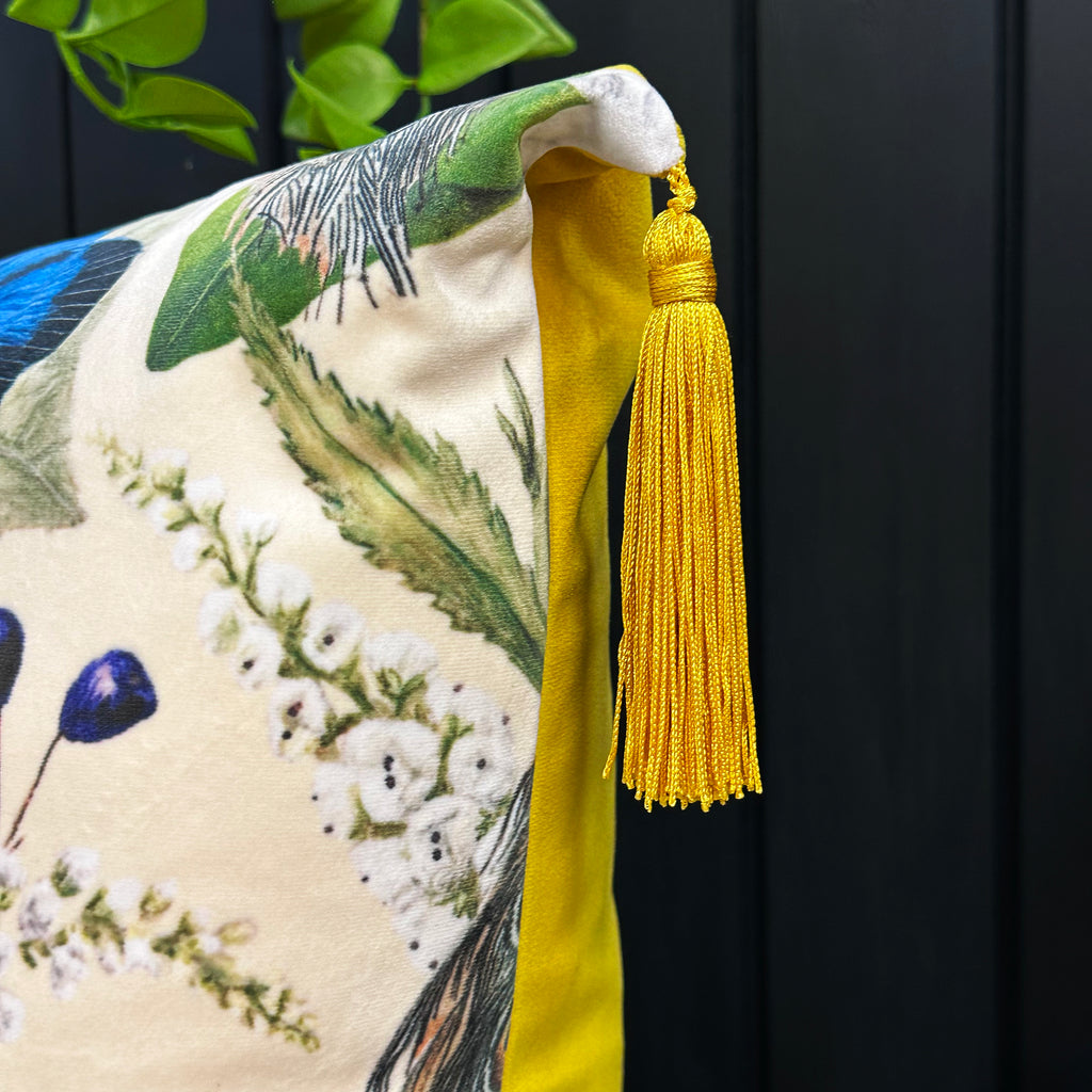 Mythical Plumes Cushions in Parchment with Yellow Tassels