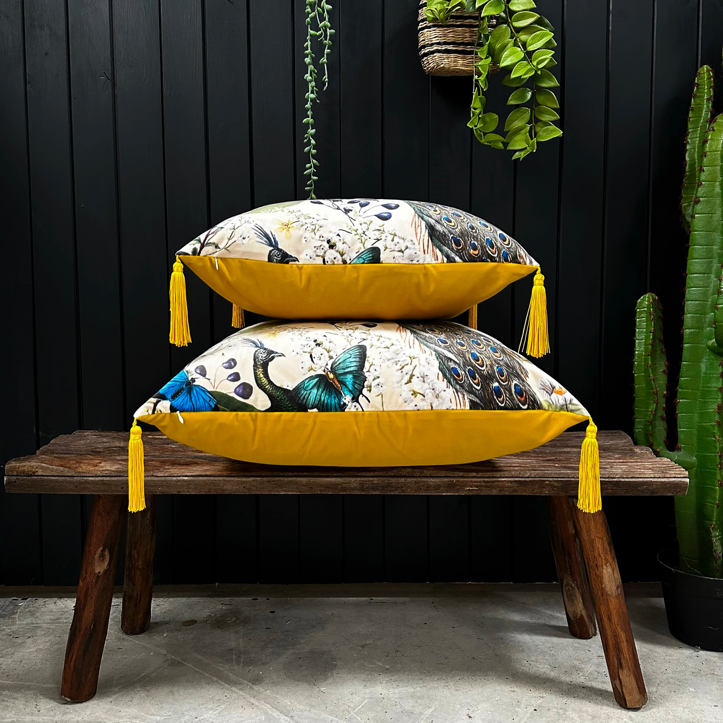 Love Frankie mythical plumes velvet cushion in parchment with yellow tassels
