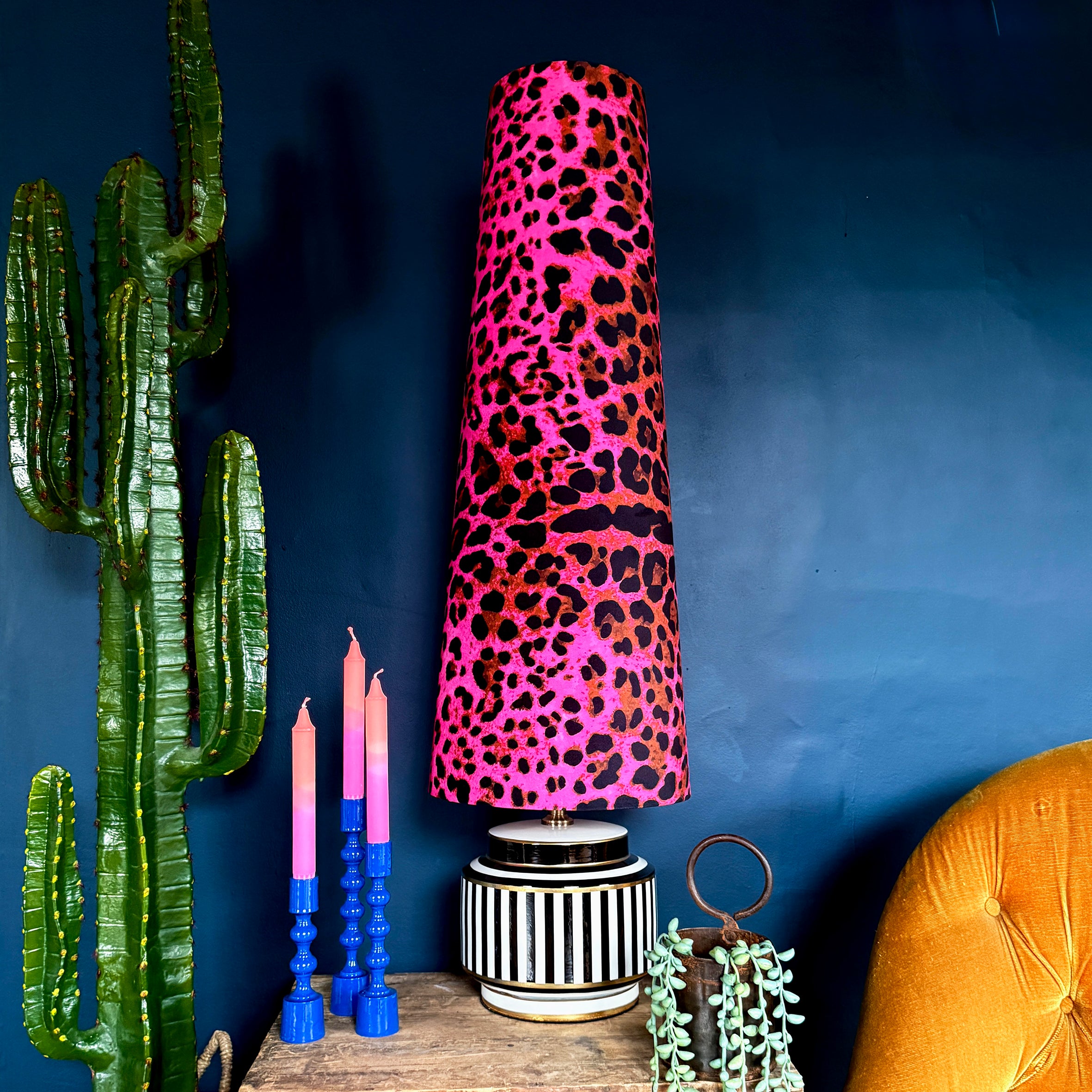 Neon Leopard Oversized Cone Shades - King from Love Frankie. Handmade Pink Leopard Print lampshades available in 2 sizes.